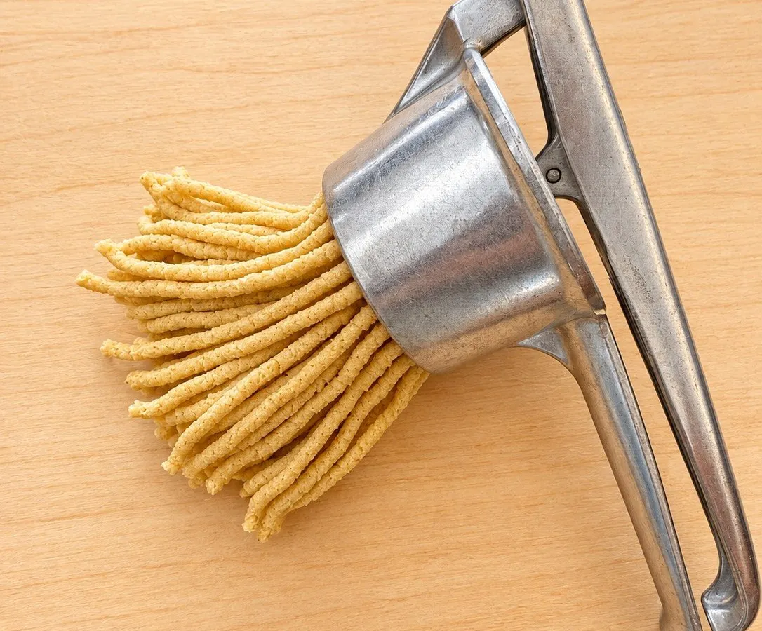 Passatelli appena usciti dallo schiacciapatate, con il ferro appoggiato sul tagliere