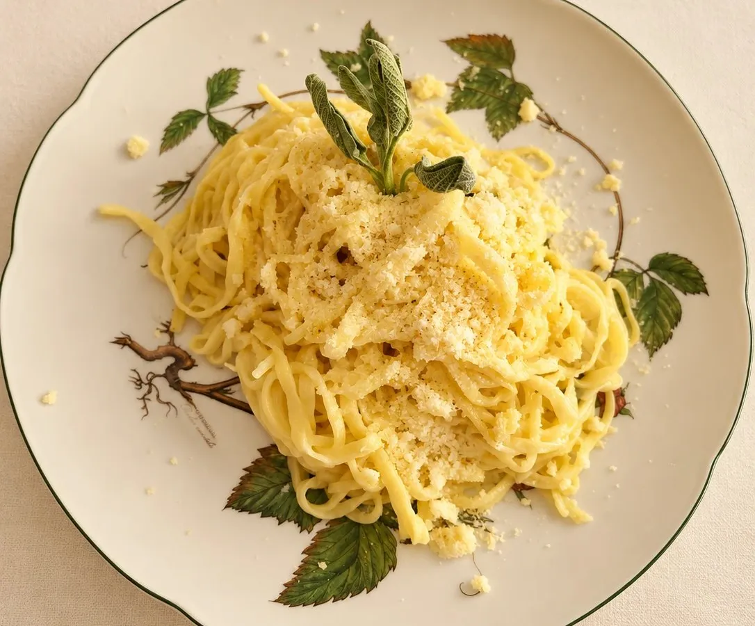 Tagliolini al burro e salvia con il parmigiano, nel piatto decorato a foglie
